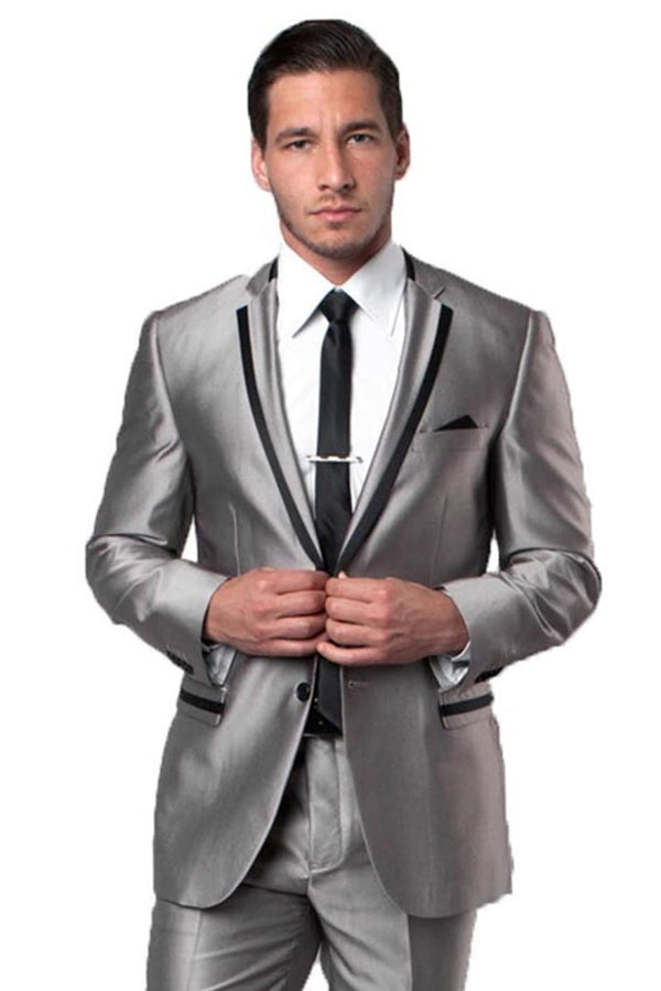 Groomsmen - Men’s Two Button Slim Fit Wedding & Prom Tuxedo Suit in Shiny Silver Sharkskin with Black Piping - Grey/Black / 34 Short - Suit