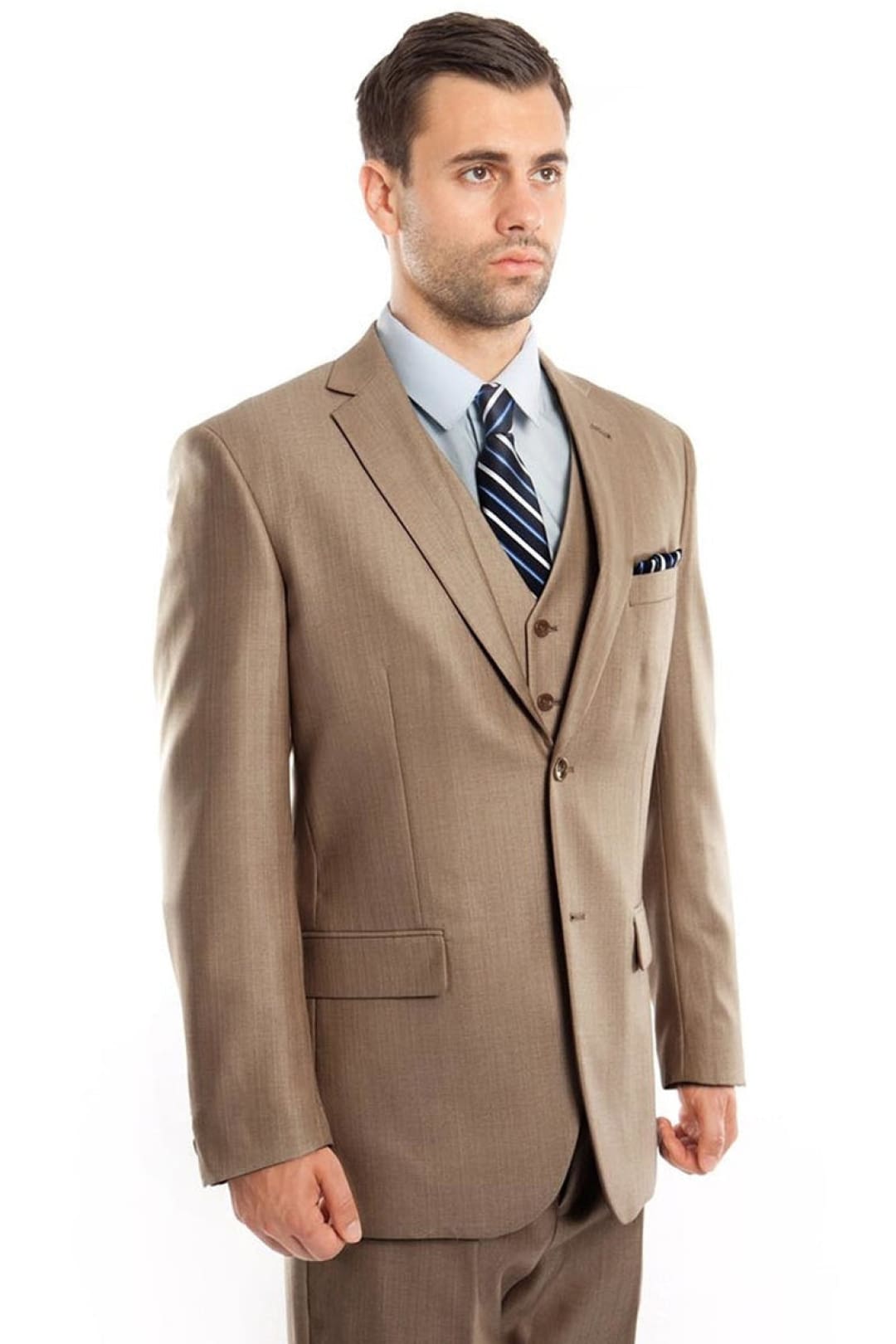 Groomsmen - Men’s Two Button Vested Textured Sharkskin Business Suit in Dark Tan - Dark Tan / 34 Short - Suit
