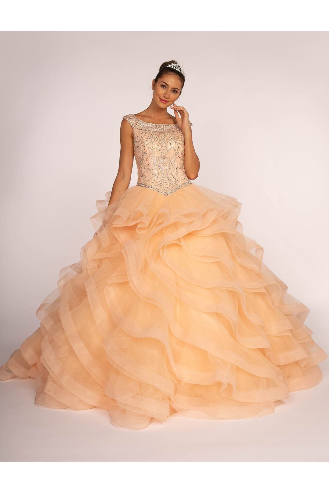 Jeweled Cap Sleeve Ball Gown with Layered Skirt by Elizabeth K GL1600-Quinceanera Dresses-ABC Fashion