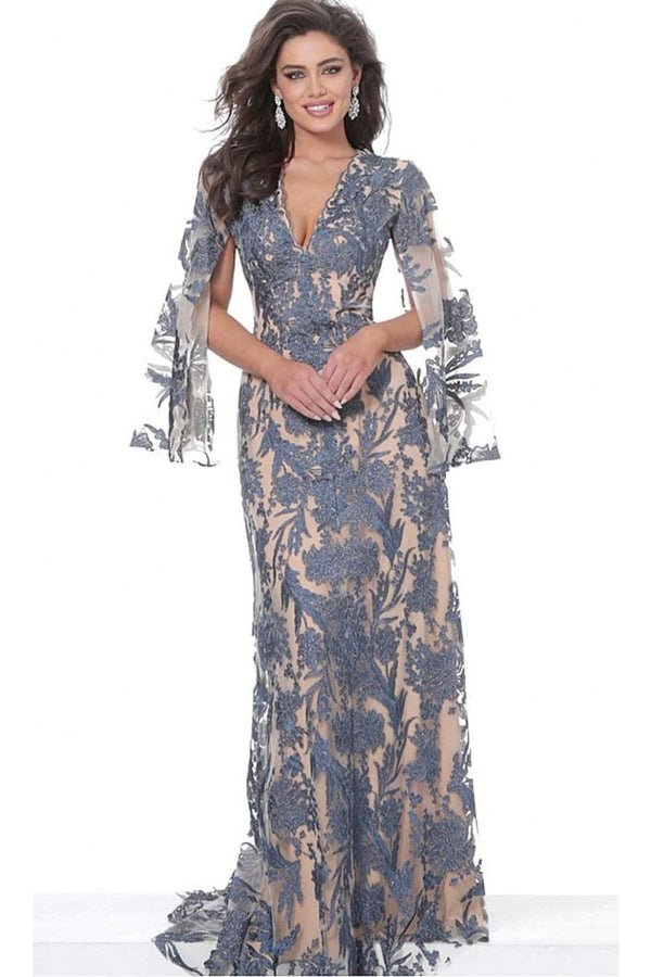 Jovani - 00752 Cape Sleeve Novelty Lace Sheath Gown - Prom