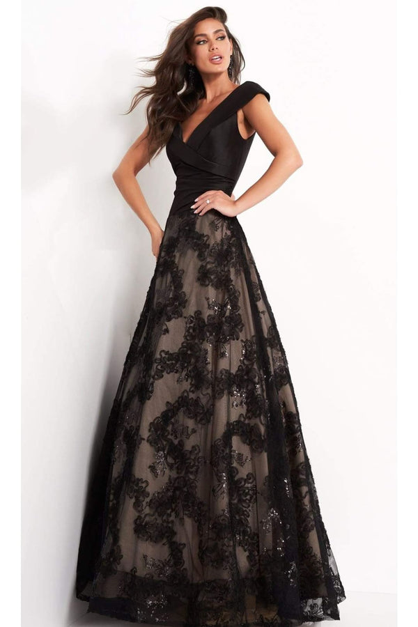 Jovani - 03330 Cap Sleeve V-Neck Soutache A-Line Gown - Prom