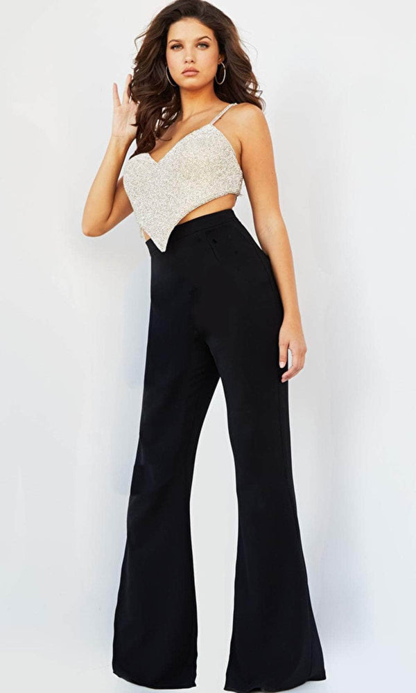 Jovani 05307 - Two-Piece Bell-Bottom Pantsuit with Heart-Shaped Neckline - Prom