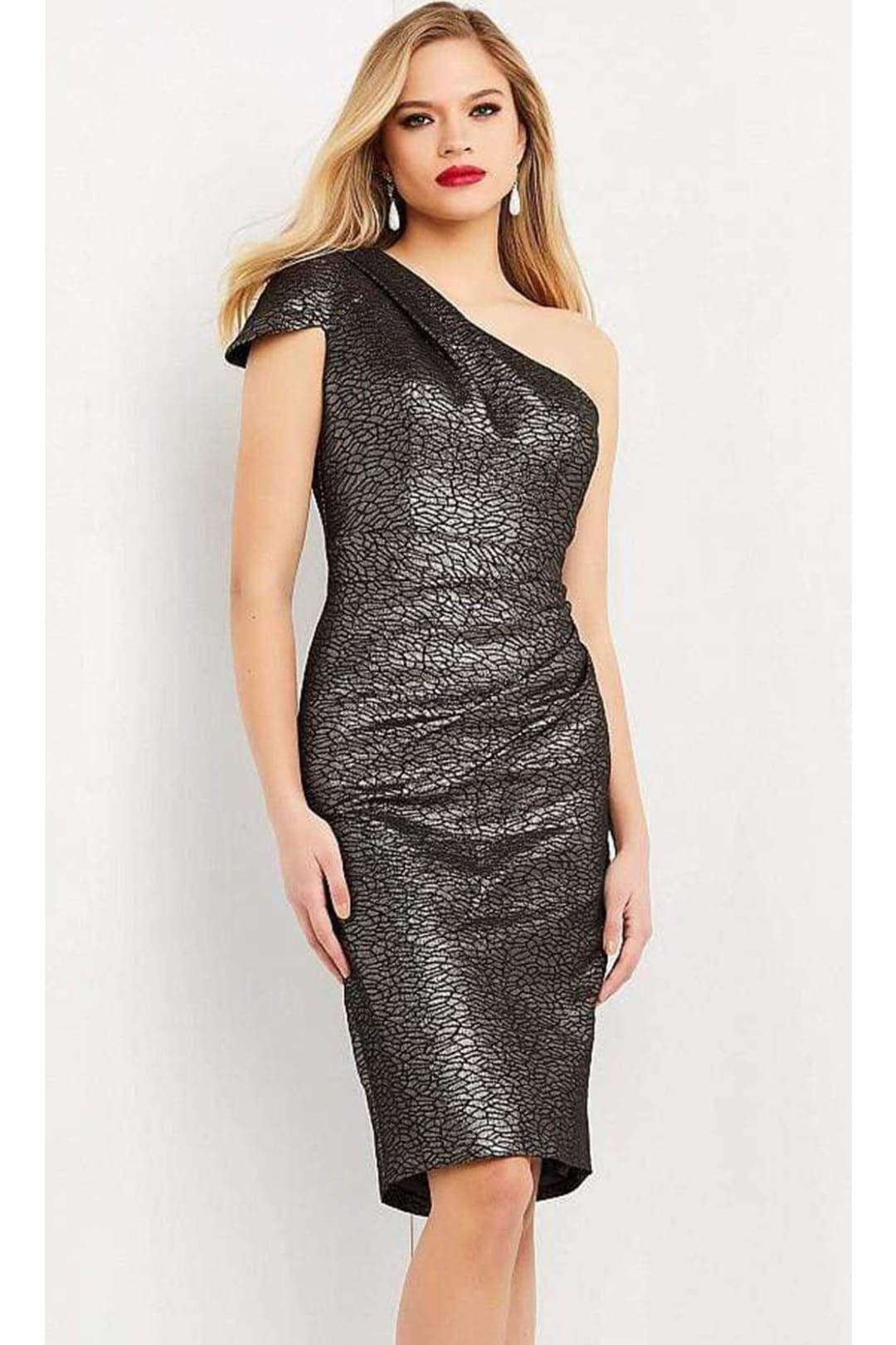 Jovani 06834 - Metallic Jacquard Asymmetric Midi Dress - Prom