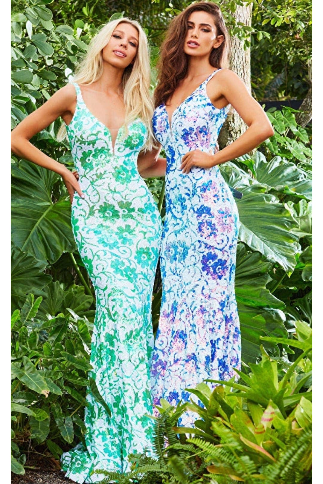 Jovani 08257 Sequin Prom Dress with Floral Print - Ivory/Emerald / 00 - Apparel & Accessories > Clothing > Dresses