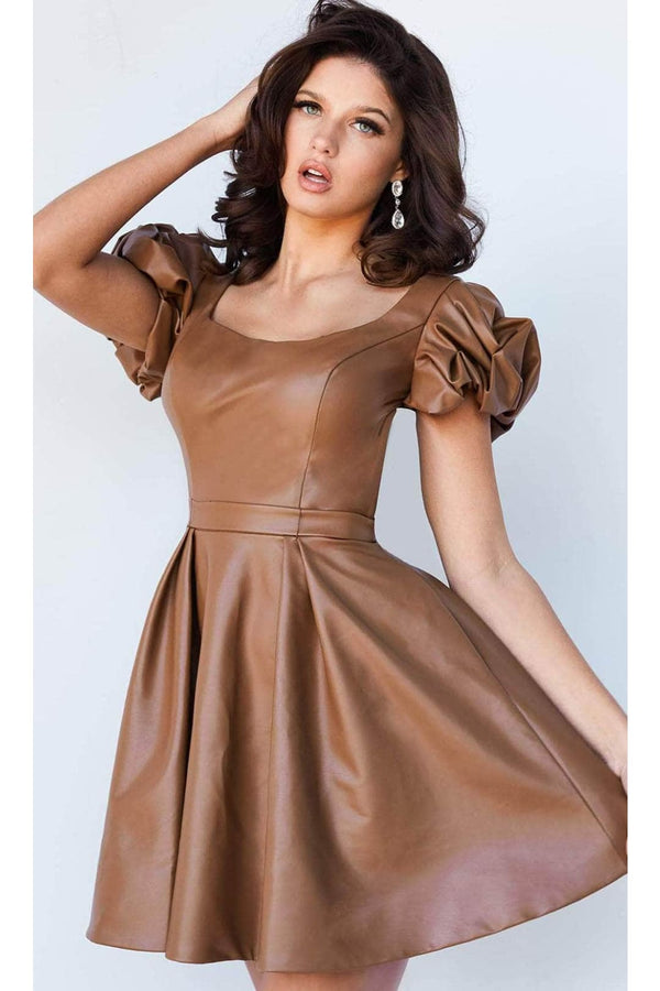 Jovani 09690 - Leather Cocktail Dress with Puffed Sleeves - Prom