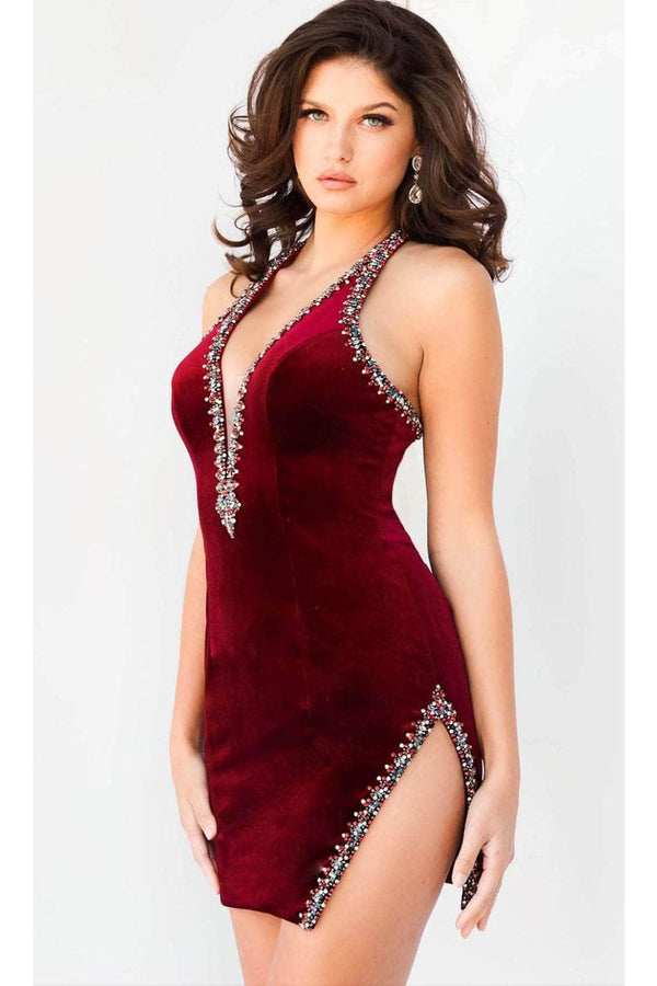 Jovani 22925 - Plunging Halter Velvet Cocktail Dress - Prom