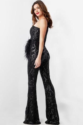 Jovani 23026 Sequin Jumpsuit for Women One Shoulder Feather Outfit - Black / 00 - Prom