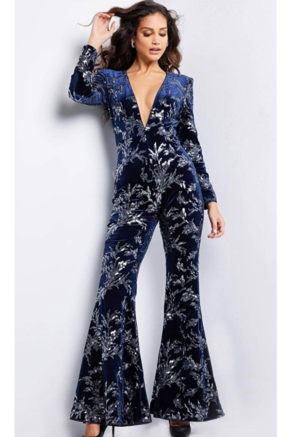 Jovani 23708 - Glamorous Deep V-Neck Sequin Jumpsuit - Prom