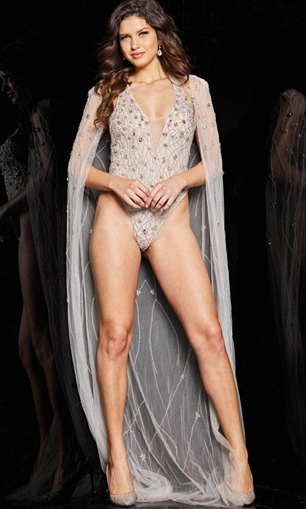 Jovani 23895 - Crystal Beaded V Neck Bodysuit - Prom