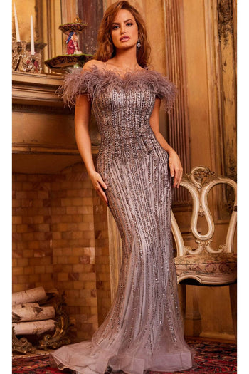 Jovani 24056 - Exquisite Off-Shoulder Evening Gown with Feathers - Prom