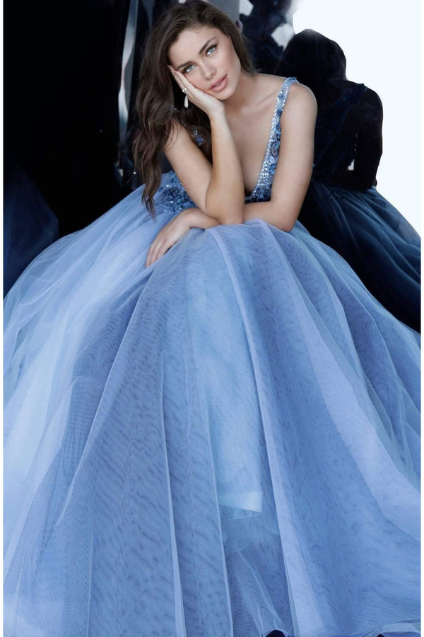 Jovani 3110 - Enchanting Floral Appliqué Deep V-Neck Tulle Ballgown - Prom