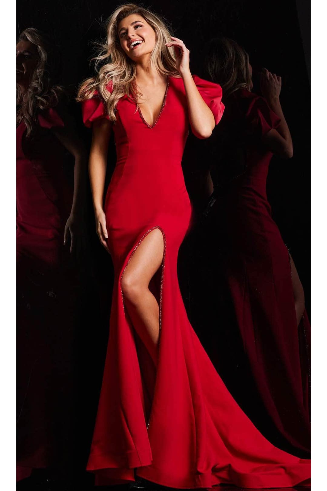 Jovani 37272 - Elegant V-neck prom gown with beaded trim. - Prom