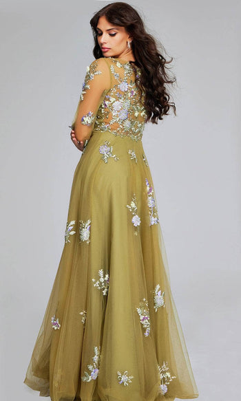 Jovani 37607 - Evening Gown with Sheer Bishop Sleeves and Appliqué Details - Prom