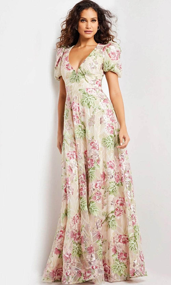Jovani 37636 - Plunging Floral Sheath Long Dress - Prom