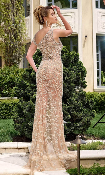 Jovani - 39849 See-Through Evening Gown with Asymmetric Neckline - Prom