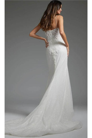 Jovani JB40639 - Plunging Bridal Gown with Beaded Appliqués - Ivory / 00 - Prom