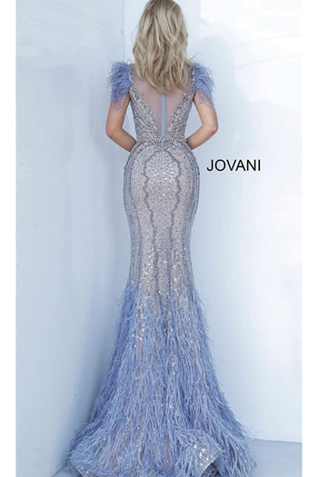 Jovani Light Blue Feather Long Pageant Dress 02326 - Apparel & Accessories > Clothing > Dresses