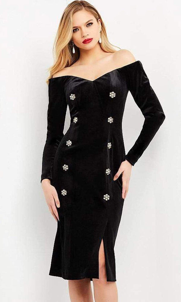 Jovani - M3285 Off-Shoulder Velvet Dress with Knee-Length Hem - Prom