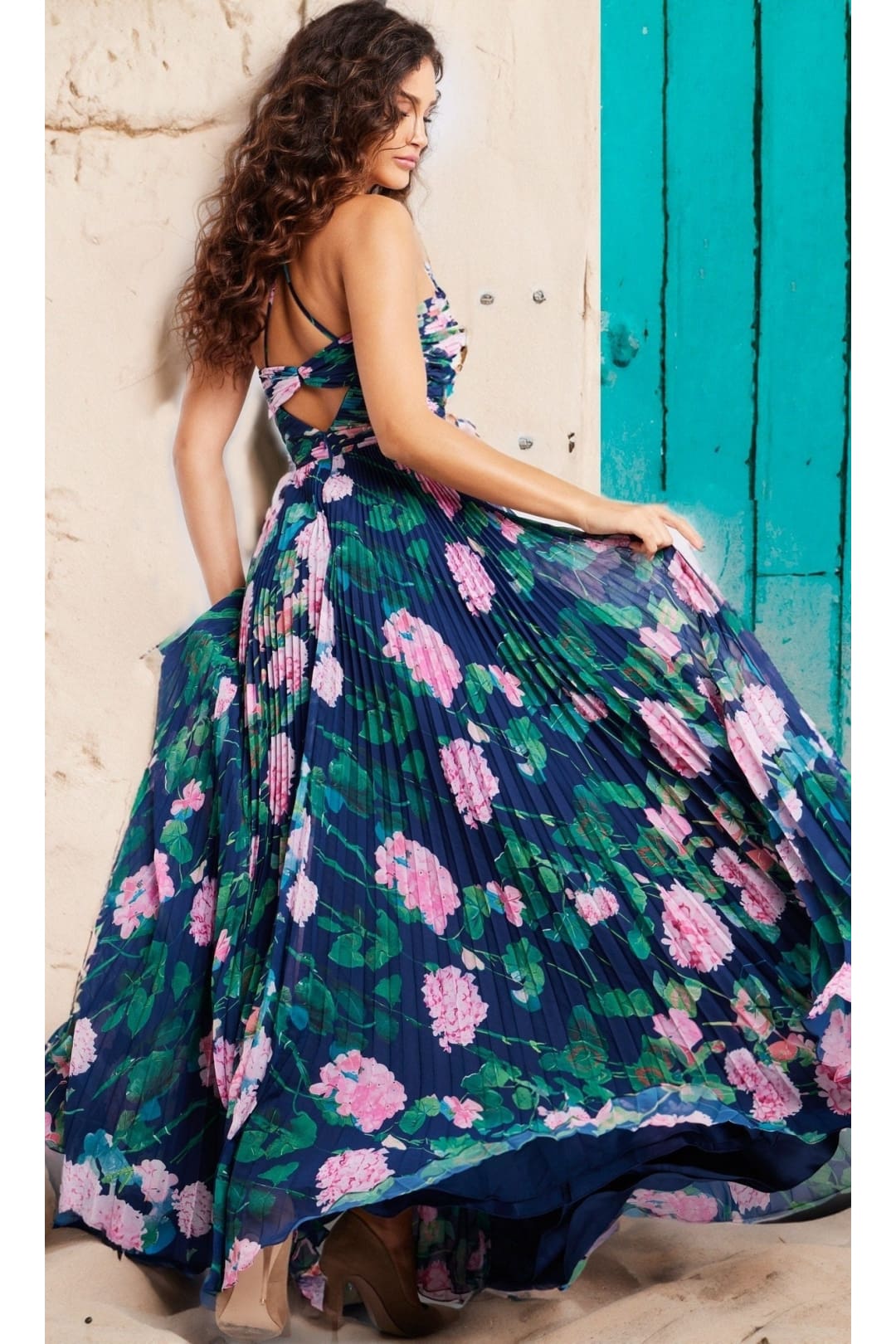 Jovani Pleated Long Floral-Print Prom Dress 38638 - Apparel & Accessories > Clothing > Dresses
