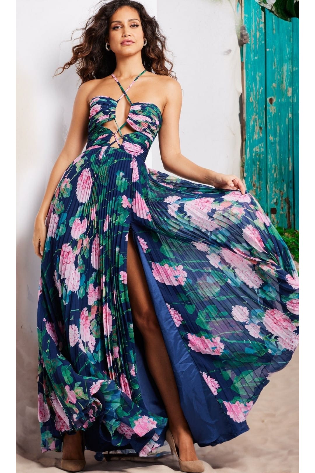 Jovani Pleated Long Floral-Print Prom Dress 38638 - Navy/Multi / Apparel & Accessories > Clothing > Dresses