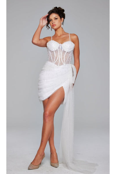 Jovani Side-Drape Short Beaded Cocktail Dress 42368 - Off White / 00 - Apparel & Accessories > Clothing > Dresses