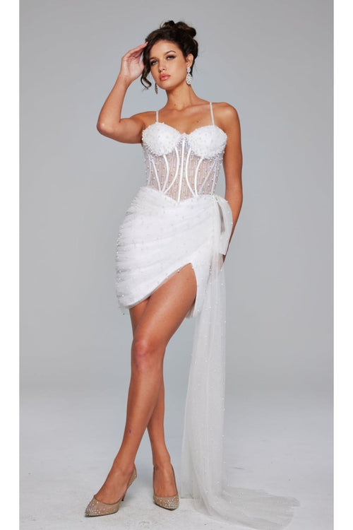 Jovani Side-Drape Short Beaded Cocktail Dress 42368 - Off White / 00 - Apparel & Accessories > Clothing > Dresses