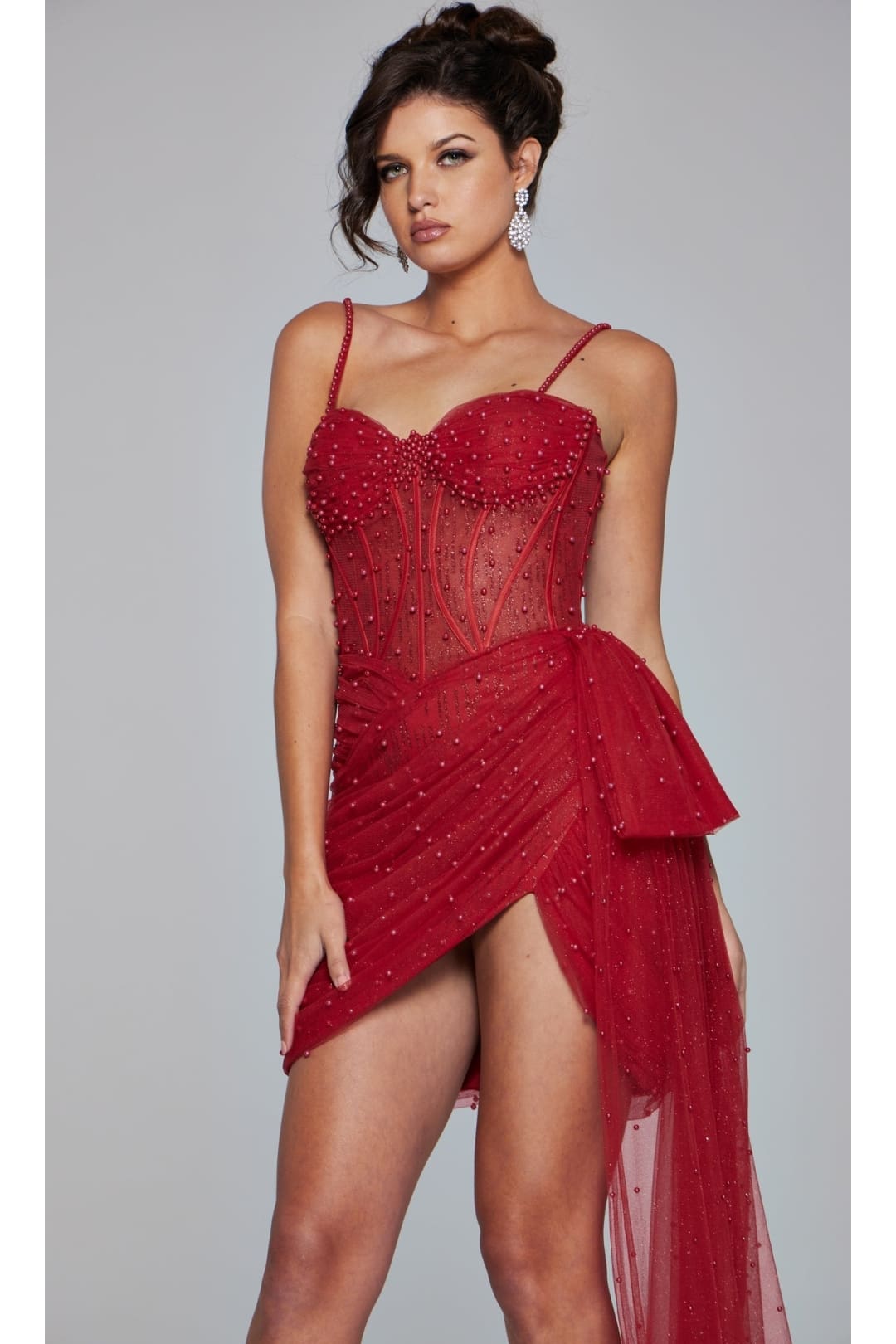 Jovani Side-Drape Short Beaded Cocktail Dress 42368 - Red / 00 - Apparel & Accessories > Clothing > Dresses