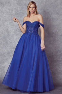 LA Merchandise LAT280 Off Shoulder Pageant Long Formal Evening Gown - ROYAL BLUE / XS