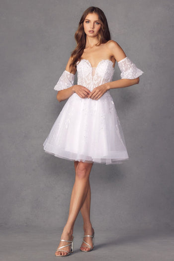 Juliet 909 Sweetheart Corset Detachable Sleeves Cocktail Short Dress - WHITE / XS