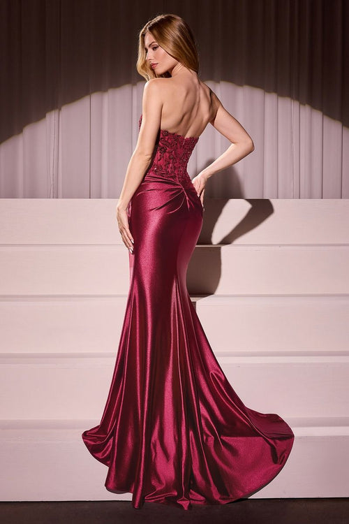 Sheath Prom Dress Corset Beaded Long Slit Satin Evening Formal Gown