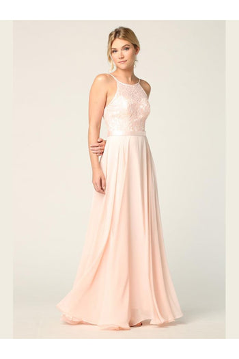 Lace Halter Chiffon Long Bridesmaids Dress - The Dress Outlet