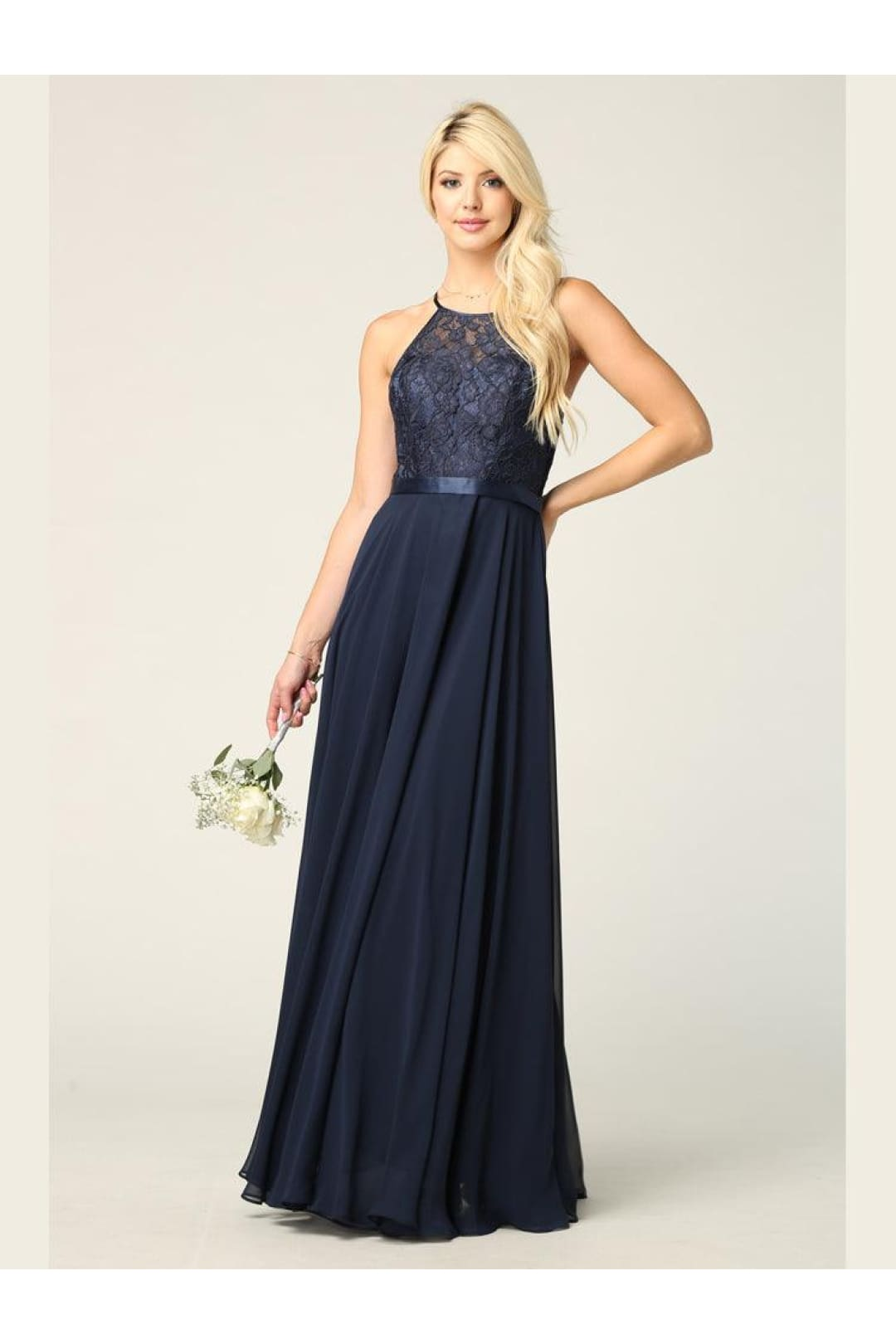 Lace Halter Chiffon Long Bridesmaids Dress - The Dress Outlet