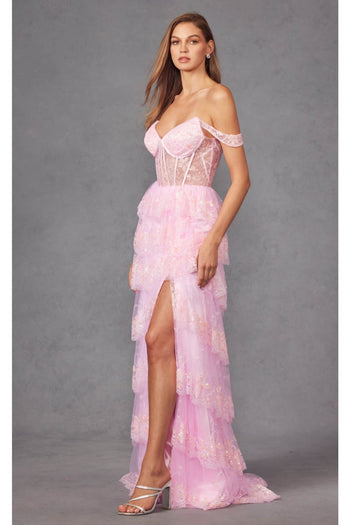 Lace Off-Shoulder A-Line Tiered Slit Gown by Juliet JT2453K - Red / XS - Dress