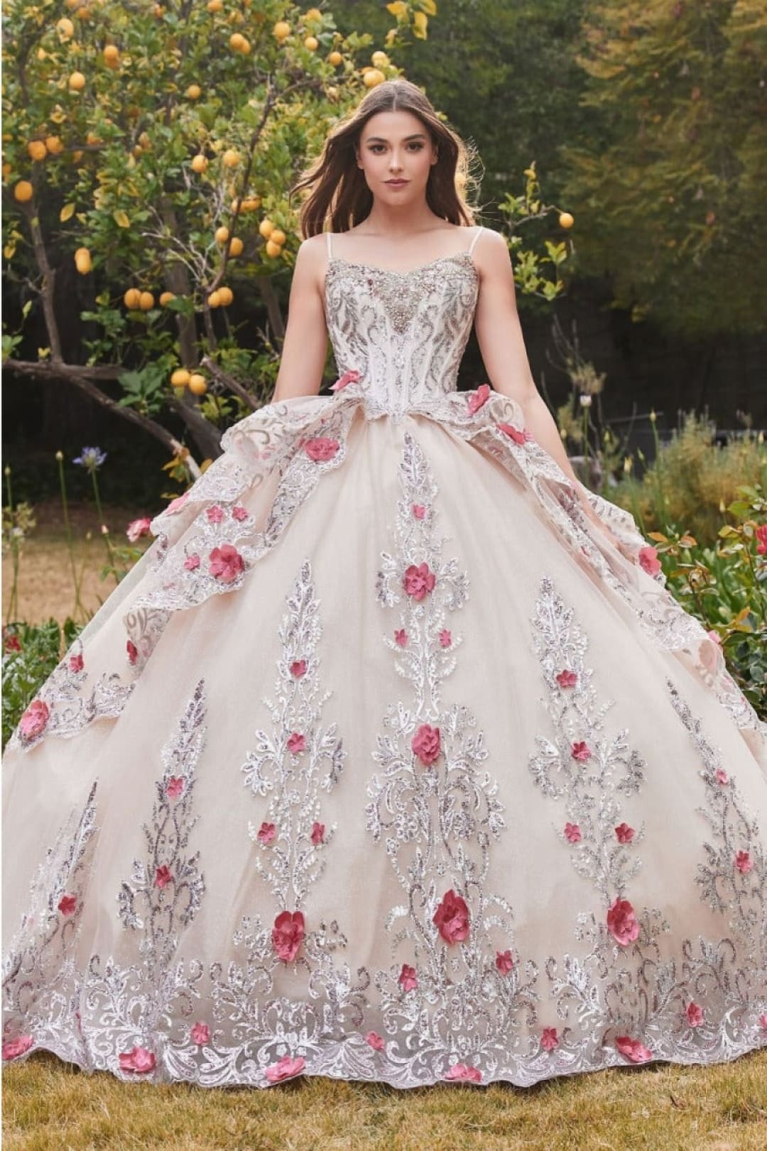 cinderella-divine-15703 Layered Tulle Floral Ruffle Back Quinceanera Ball Gown - Dress