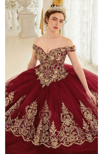 Ladivine 15705 - Off-Shoulder Gold Lace Applique Ballgown - Prom