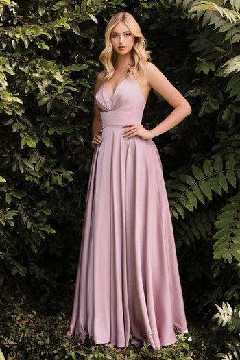 Ladivine 7472 - V-Neck Satin A-Line Dress - Prom