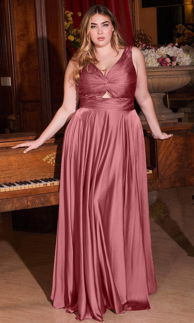 Ladivine 7497 - Ruched V-Neck Knotted Prom Gown - Prom