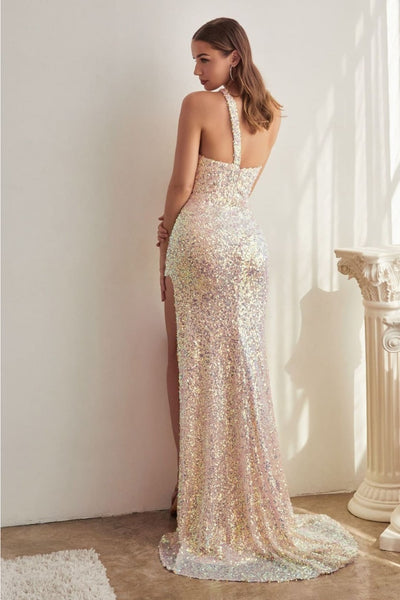 Ladivine C140 One Shoulder Fitted Bodice Side Slit Red Carpet Dress - Dress