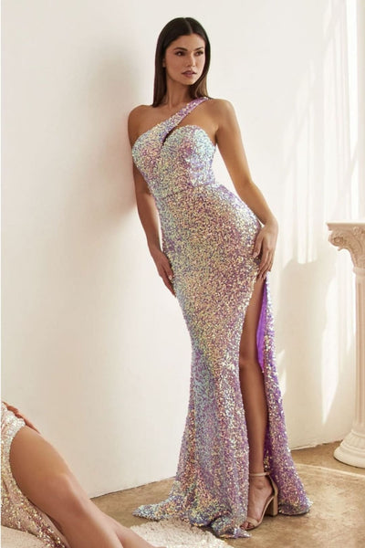 Ladivine C140 One Shoulder Fitted Bodice Side Slit Red Carpet Dress - LAVENDER / 2 - Dress
