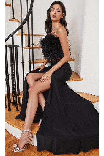 Ladivine C141 - Feather Embellished Two-Piece Gown - Prom