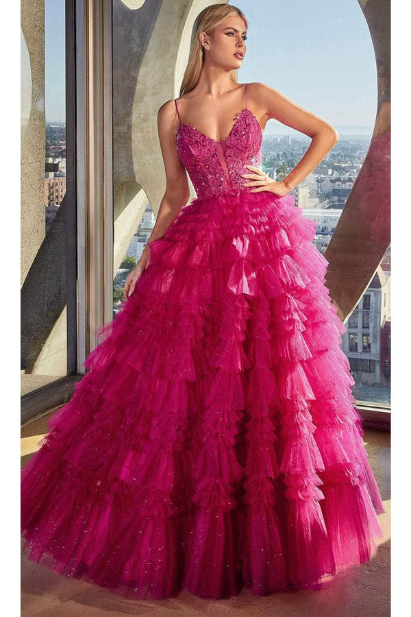 Ladivine C152 - Embroidered V-Neck Ballgown - Azalea Pink / 2 - Prom