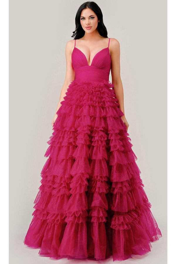 Ladivine C156 - V-Neck Sleeveless Empire Ballgown - Fuchsia / 2 - Prom