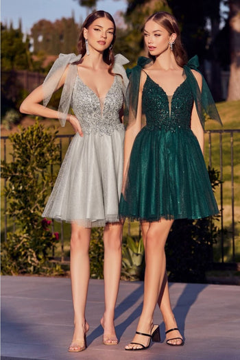 Ladivine CD0174 V-Neck Glitter Bow Knot Strap Short Hoco Dress - Dress