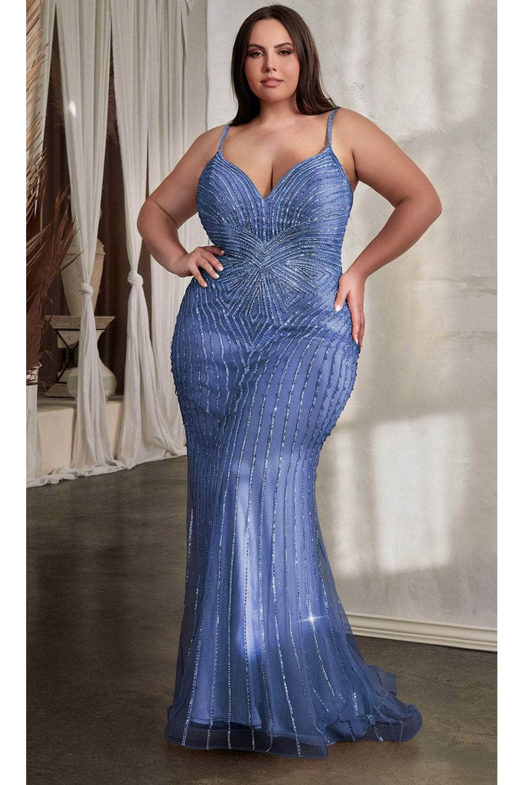 Ladivine CD845C - Beaded Sleeveless Prom Gown - Blue / 18 - Prom