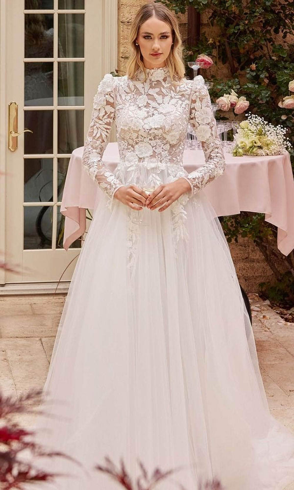 Ladivine CDS433W - Long Sleeve Lace Applique Bridal Gown - Prom