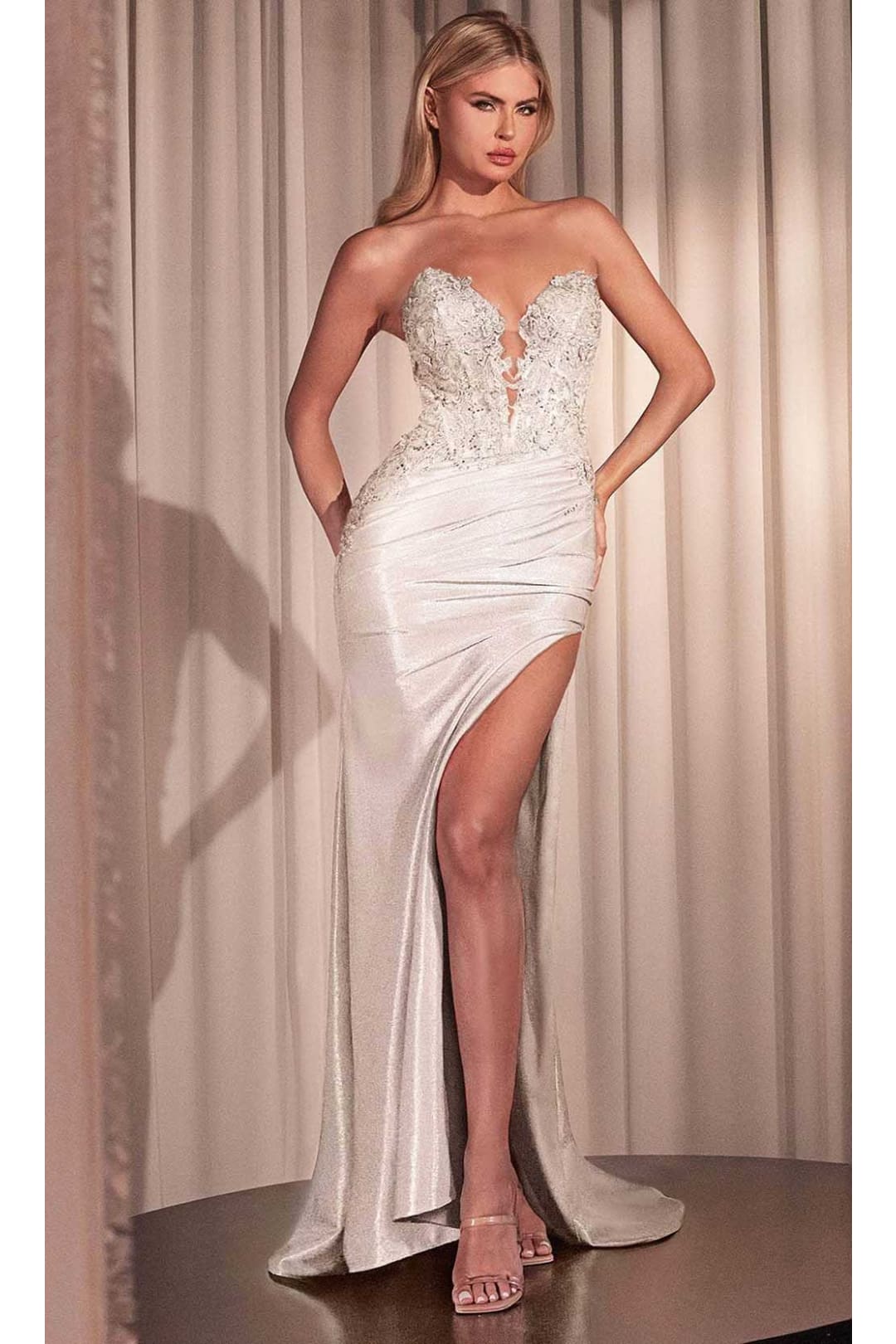 Ladivine CDS465W - Corset-Back Plunging Bridal Gown - Prom