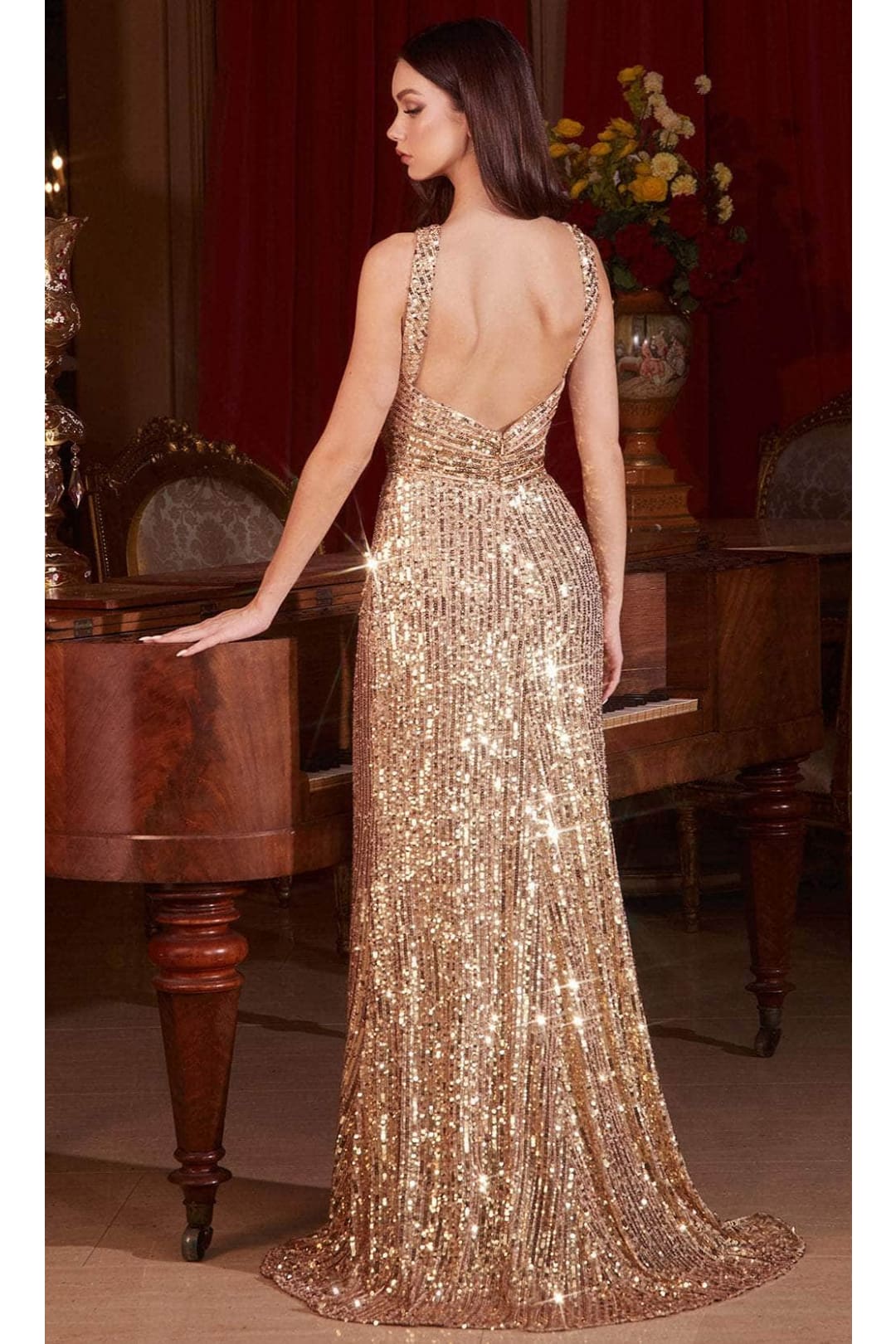 Ladivine CDS497 - Halter Neck Sequin Evening Gown - Prom