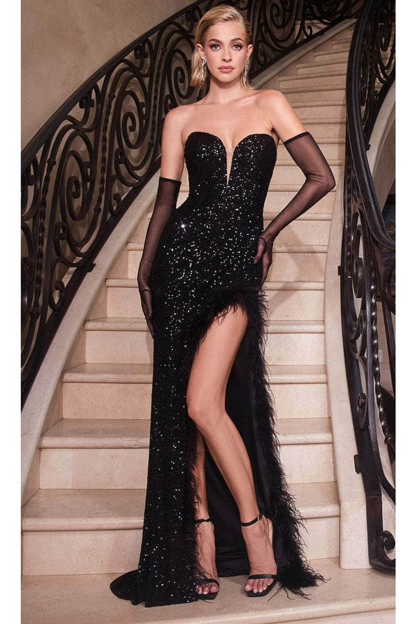 Ladivine CH061 - Plunging V-Neck Sequin Evening Gown - Black / XS - Prom