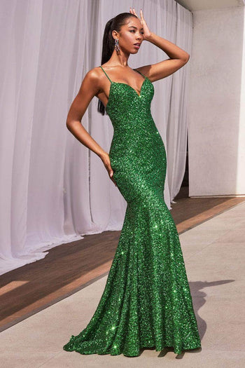 Ladivine CH066 - Spaghetti Strap Sequin Gown - Emerald / XXS - Prom