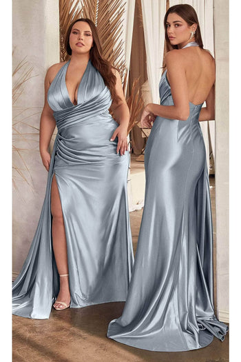 Ladivine CH079C - Halter Neck Gathered Detail Dress - Prom